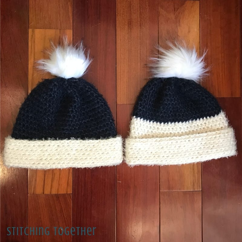 2 half double crochet beanies with brims folded up