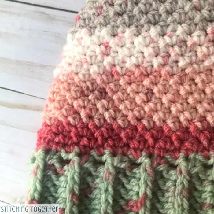 close up of crochet hat brim and textured stitches