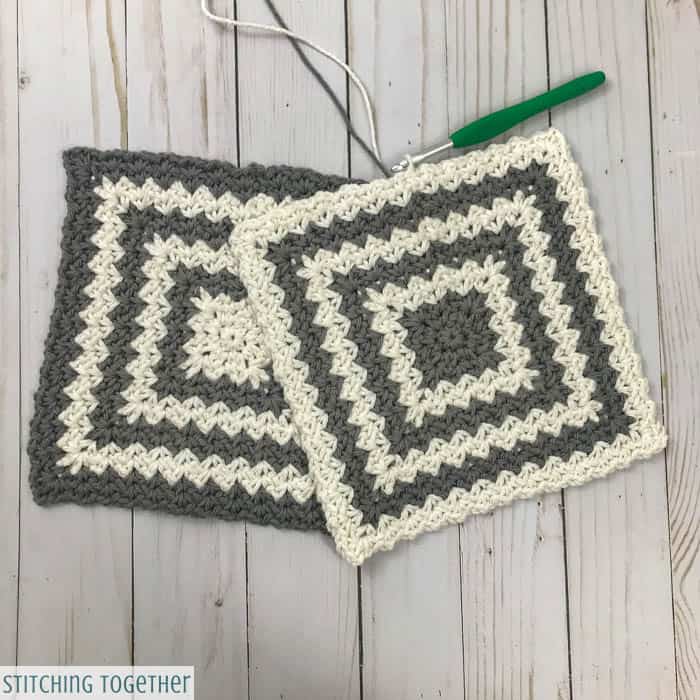 front and back of crochet hot pad being assembled