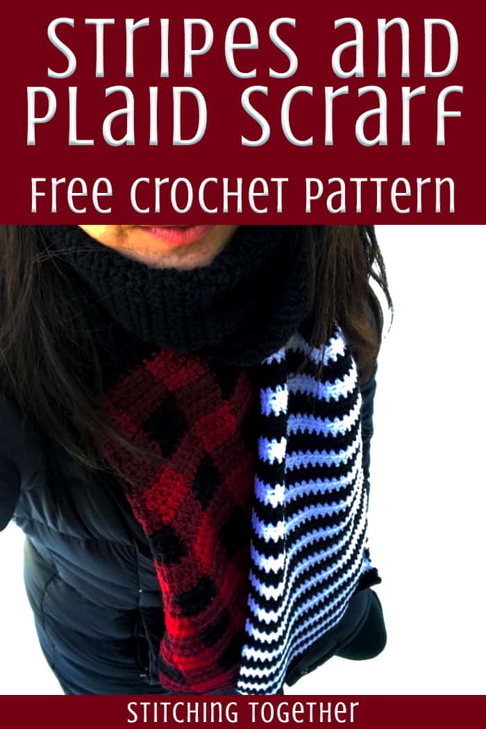 black and white striped and buffalo plaid crochet scarf