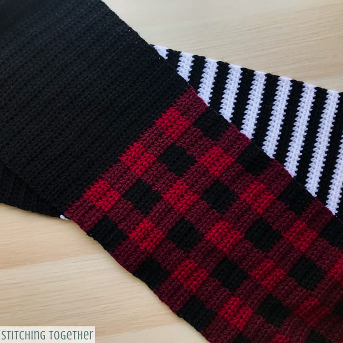 buffalo plaid crochet scarf with stripes