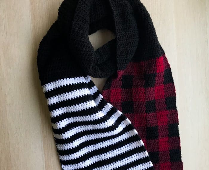 black and white striped crochet scarf with buffalo plaid and black