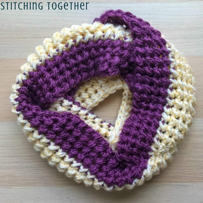 purple and white crochet infinity scarf