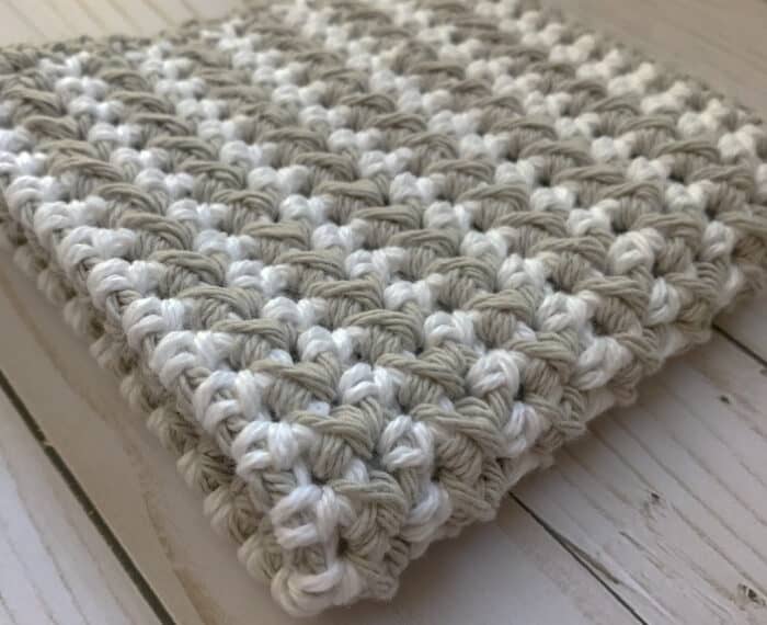 textured crochet dishcloth in gray and white