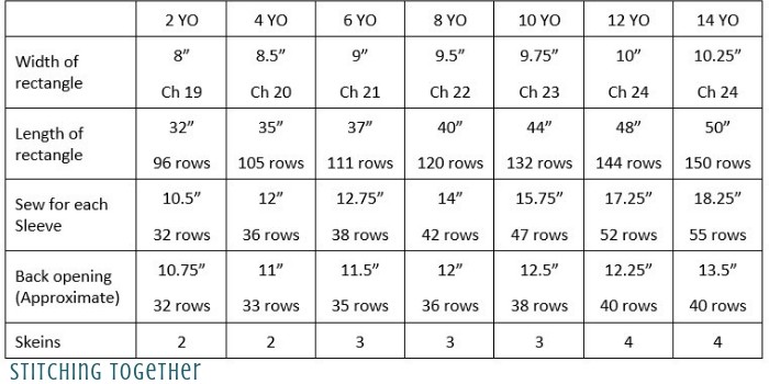 sizing chart for girls crochet bolero