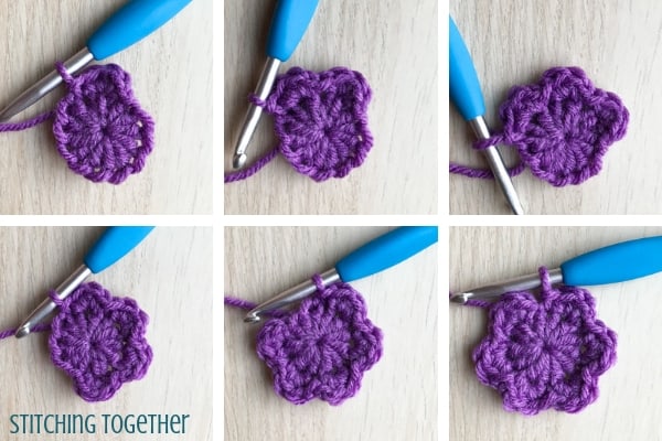 steps showing how to crochet a flower