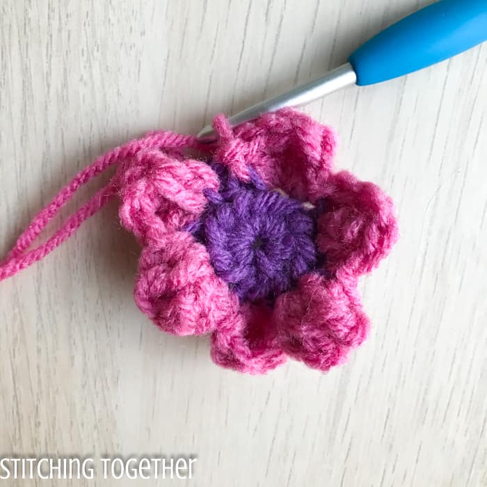 finished double layer crochet flower from the back