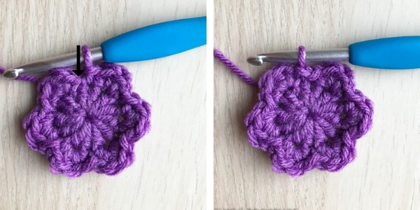 placement of the last stitch in a small crochet flower