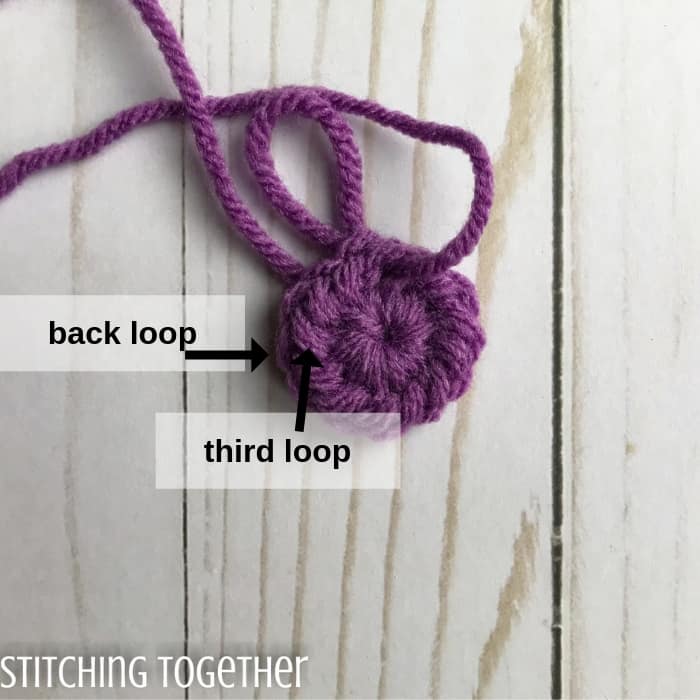 crochet ring with arrows showing back and third loops