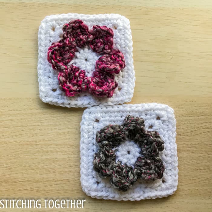 2 granny squares with 3d flowers