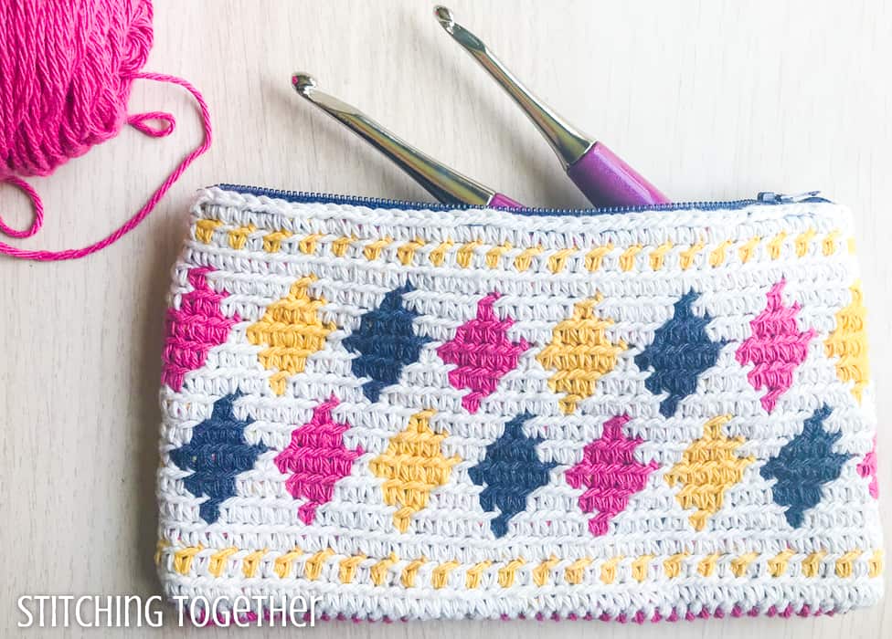 crochet pouch with colorful diamonds