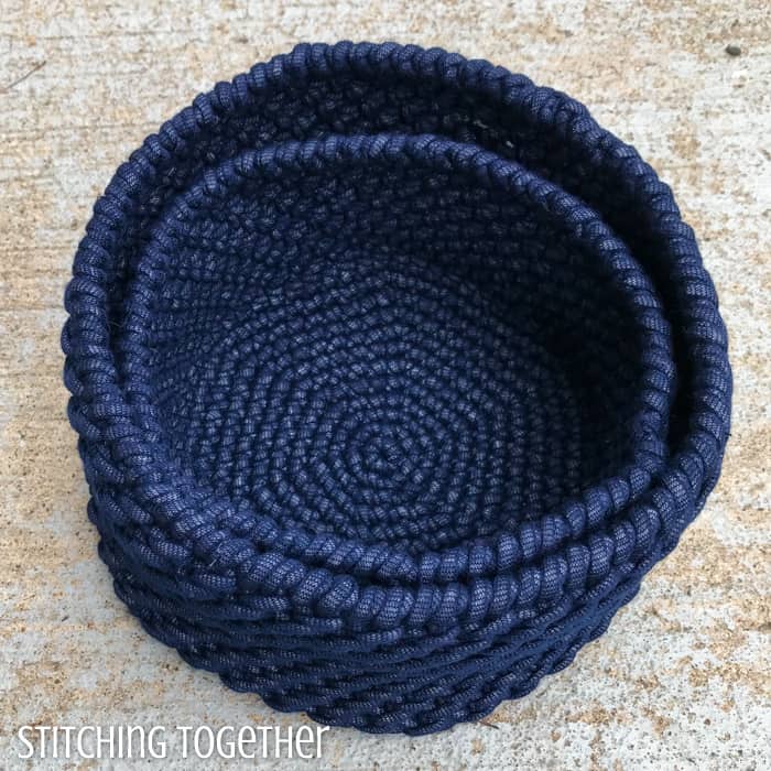 nesting crochet baskets made of blue yarn