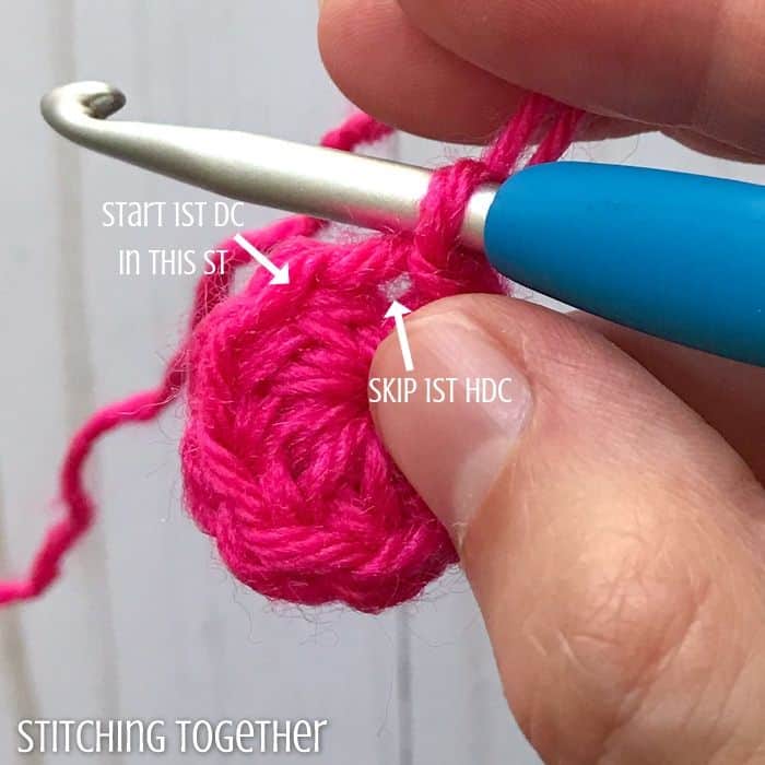 crochet circle with arrows showing where to place the next stitch