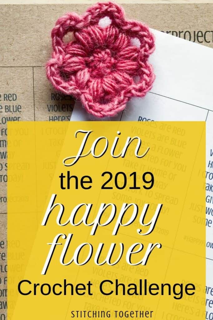 crochet flower with text saying join the 2019 happy flower crochet challenge