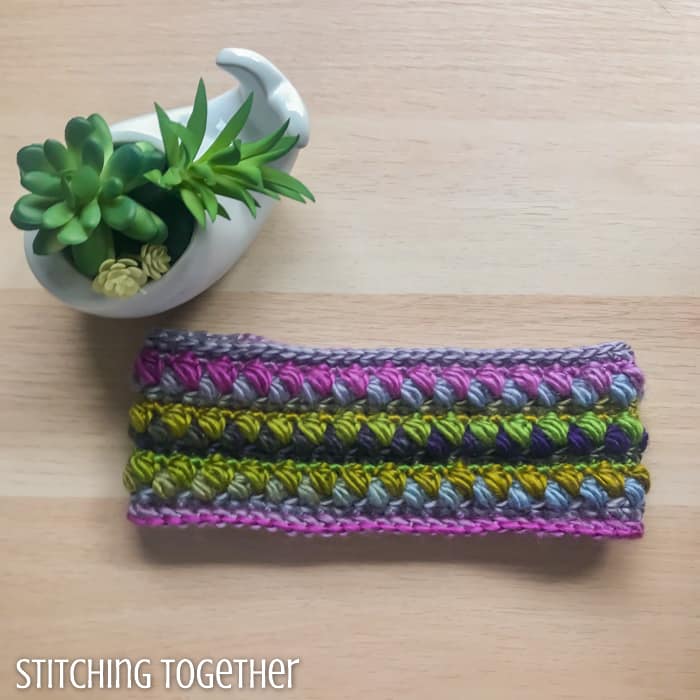 bright and colorful crochet headband next to a succulent 