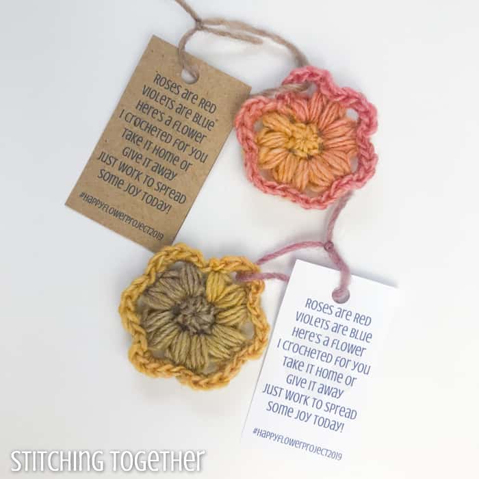 tags with a flower poem on crochet flowers