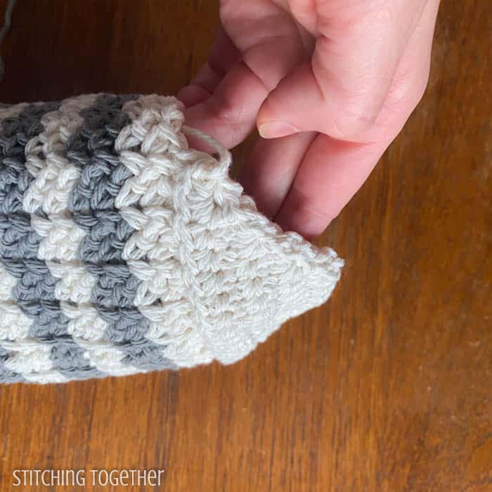 showing where to sew the heel of a stocking