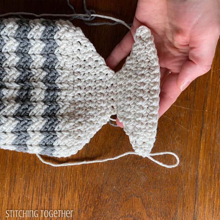 completed crochet heel on stocking before sewing