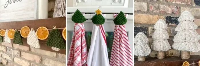collage of different crochet christmas trees