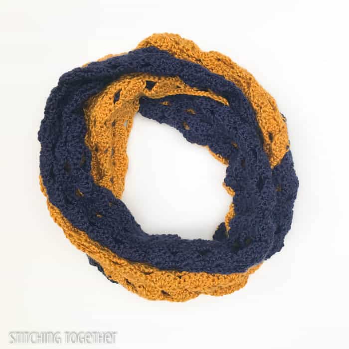 blue and gold team colors crochet infinity scarf