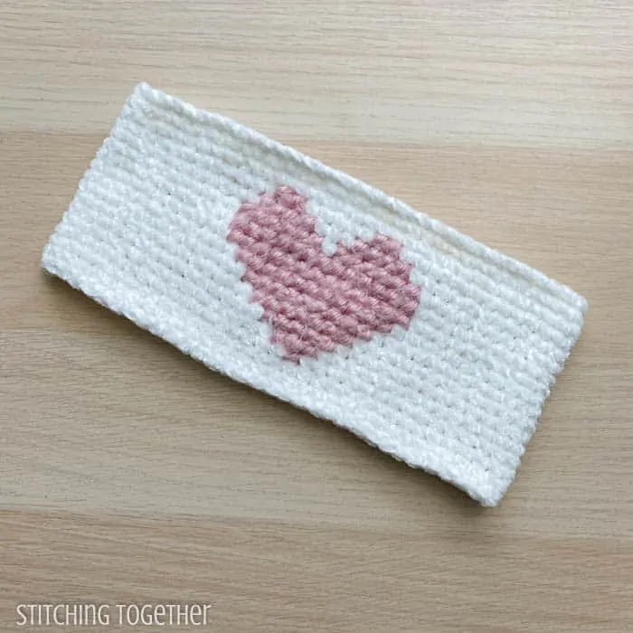 crochet heart head warmer laying flat