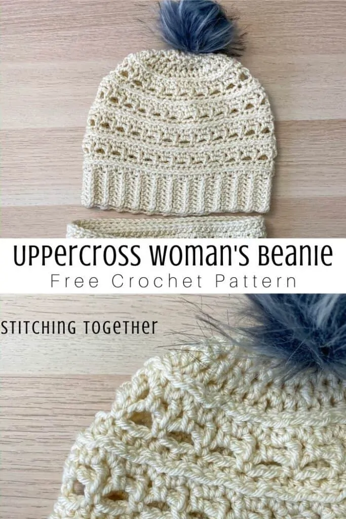 collage image of crochet beanie with lacy stitches and pom pom