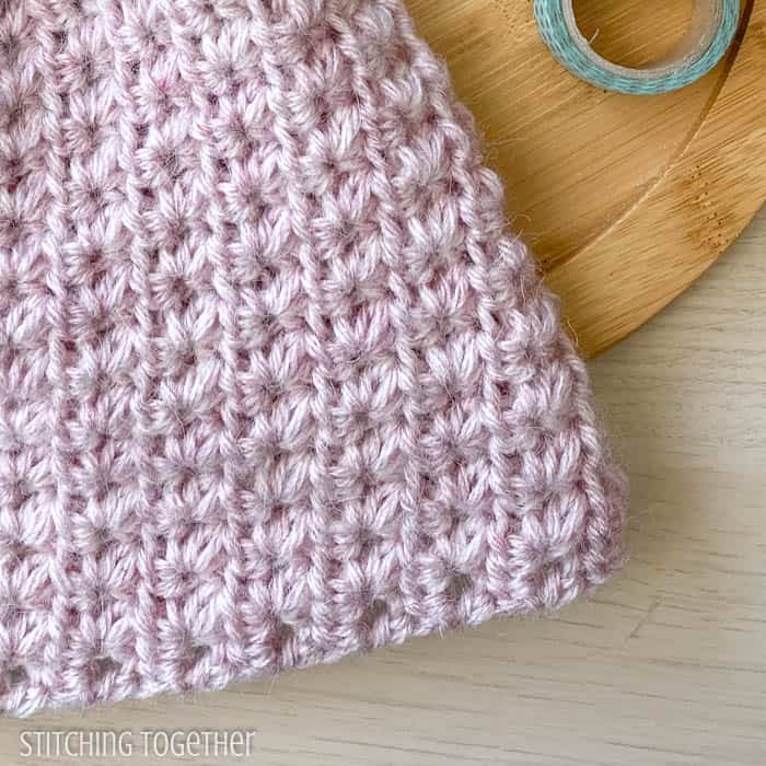 close up of crochet stitches on a hat