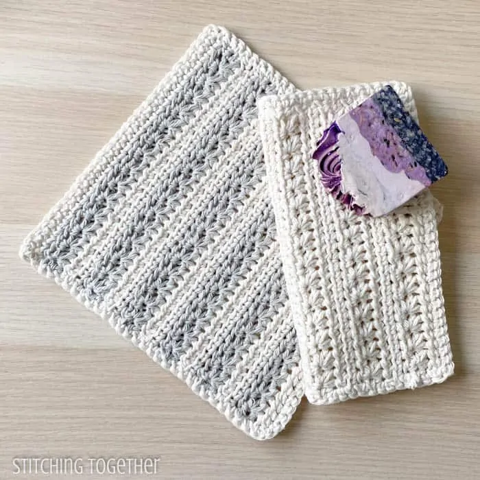 2 crochet textured dishcloths with a bar of soap