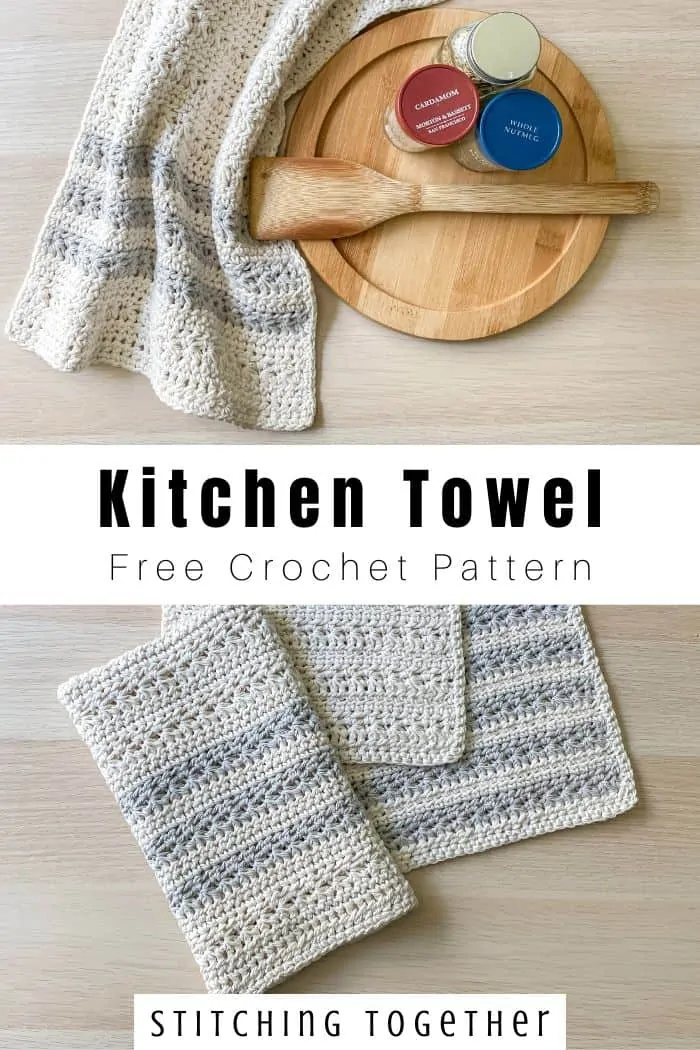 collage image or crochet kitchen towel and matching dishcloths