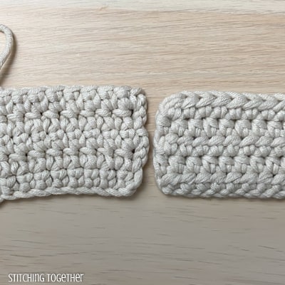two crochet swatches, one with ESC and one with HDC