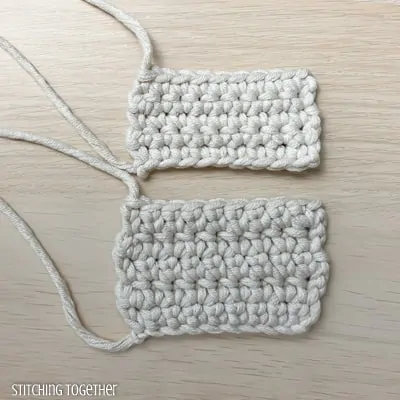 two crochet swatches, one with ESC and one with SC