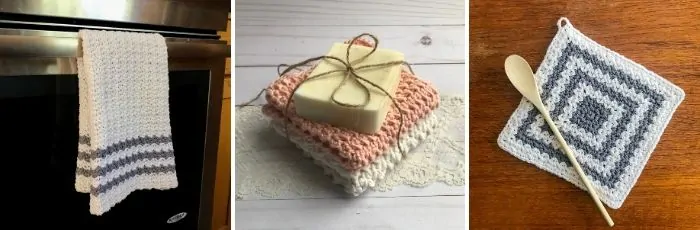 collage of crochet kitchen items