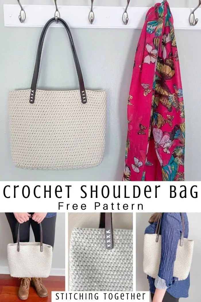collage of crochet bag with leather straps