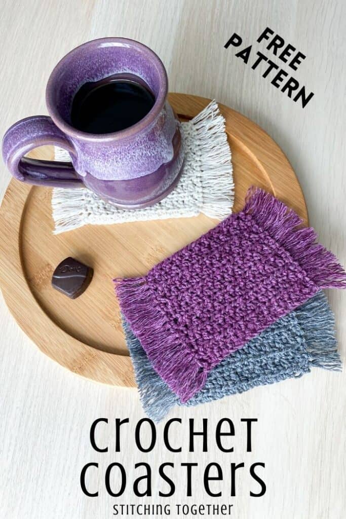 crochet coasters, coffee mug, and chocolate on a tray
