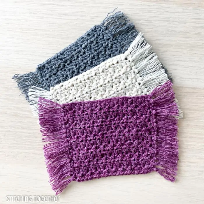 3 crochet coasters with fringe