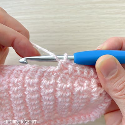 close up showing how to crochet the mhdc