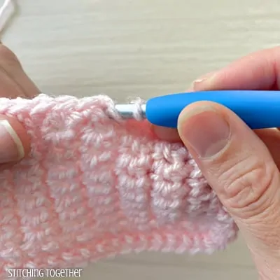 close up showing how to crochet the mhdc