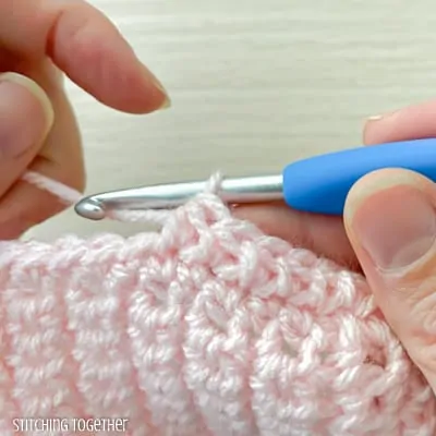 close up showing how to crochet the mhdc