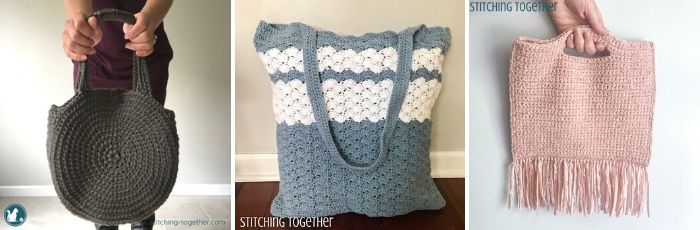 collage of related crochet bag patterns
