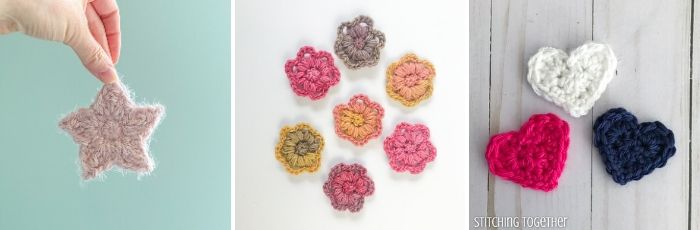 collage image showing crochet star, flowers, and hearts