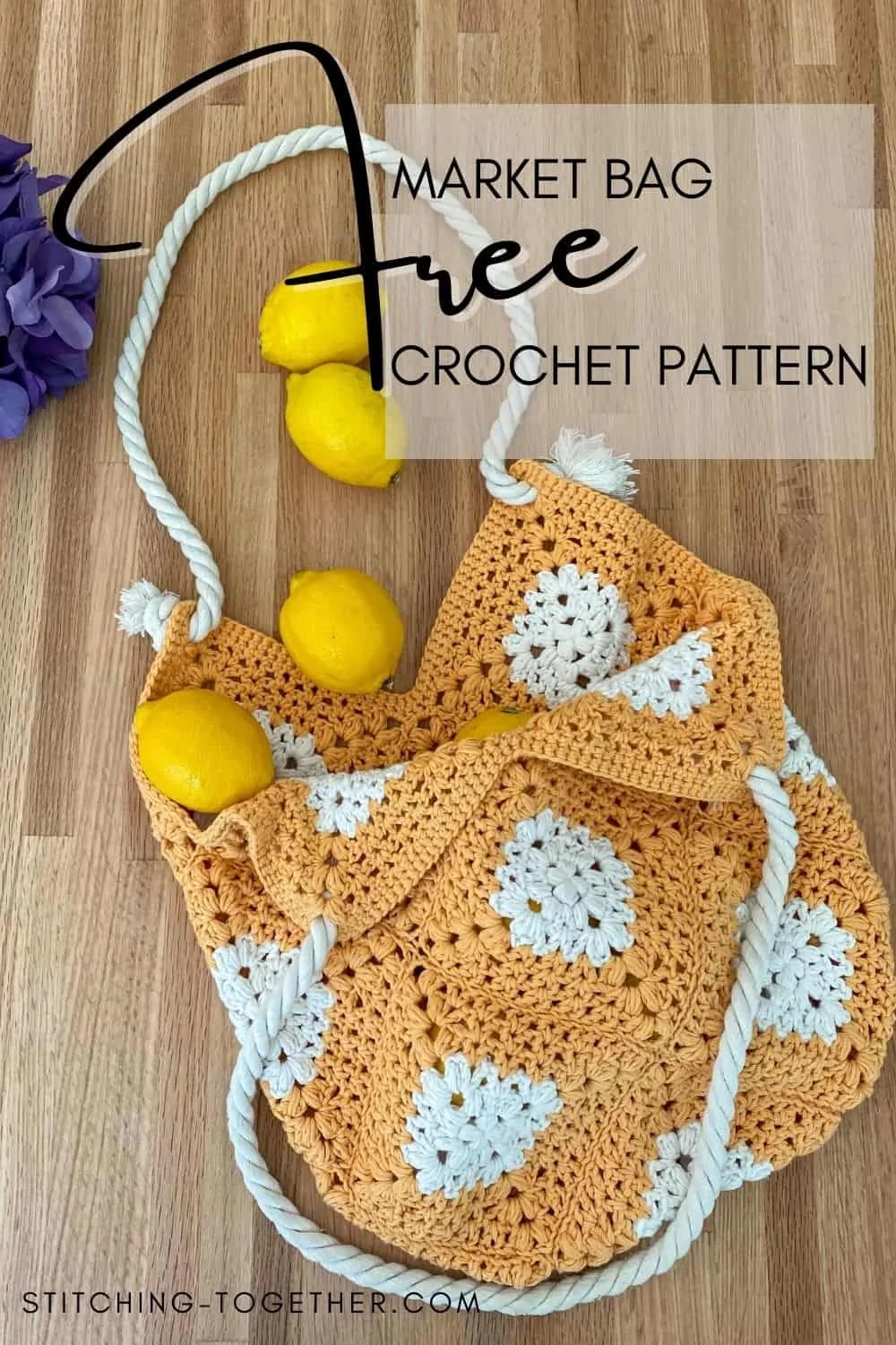 pin image of market bag crochet with lemons rolling out of the crochet bag onto the counter