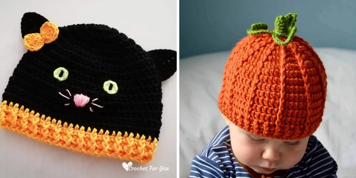 crochet pumpkin hat and crochet cat hat