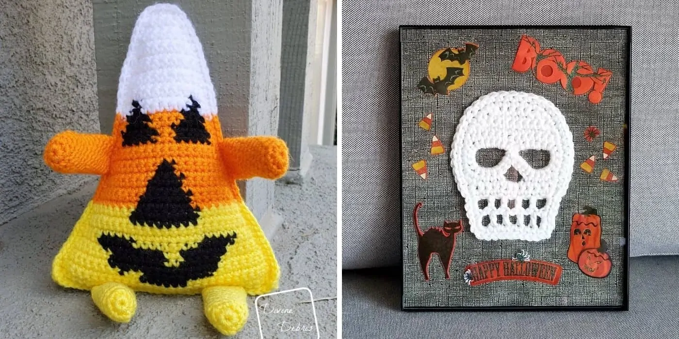 crochet skull applique and candy corn plush