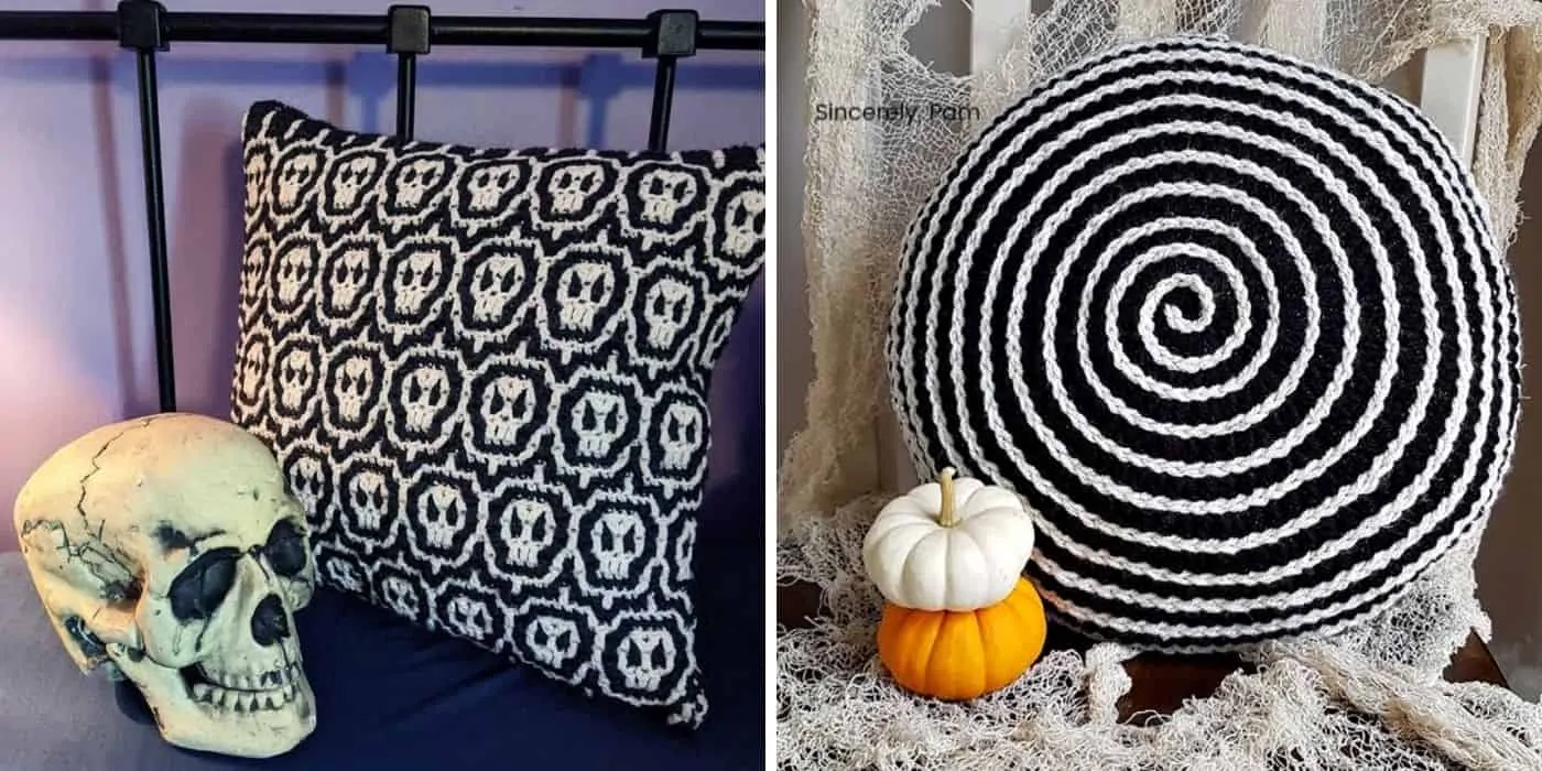 crochet halloween pillows with skulls
