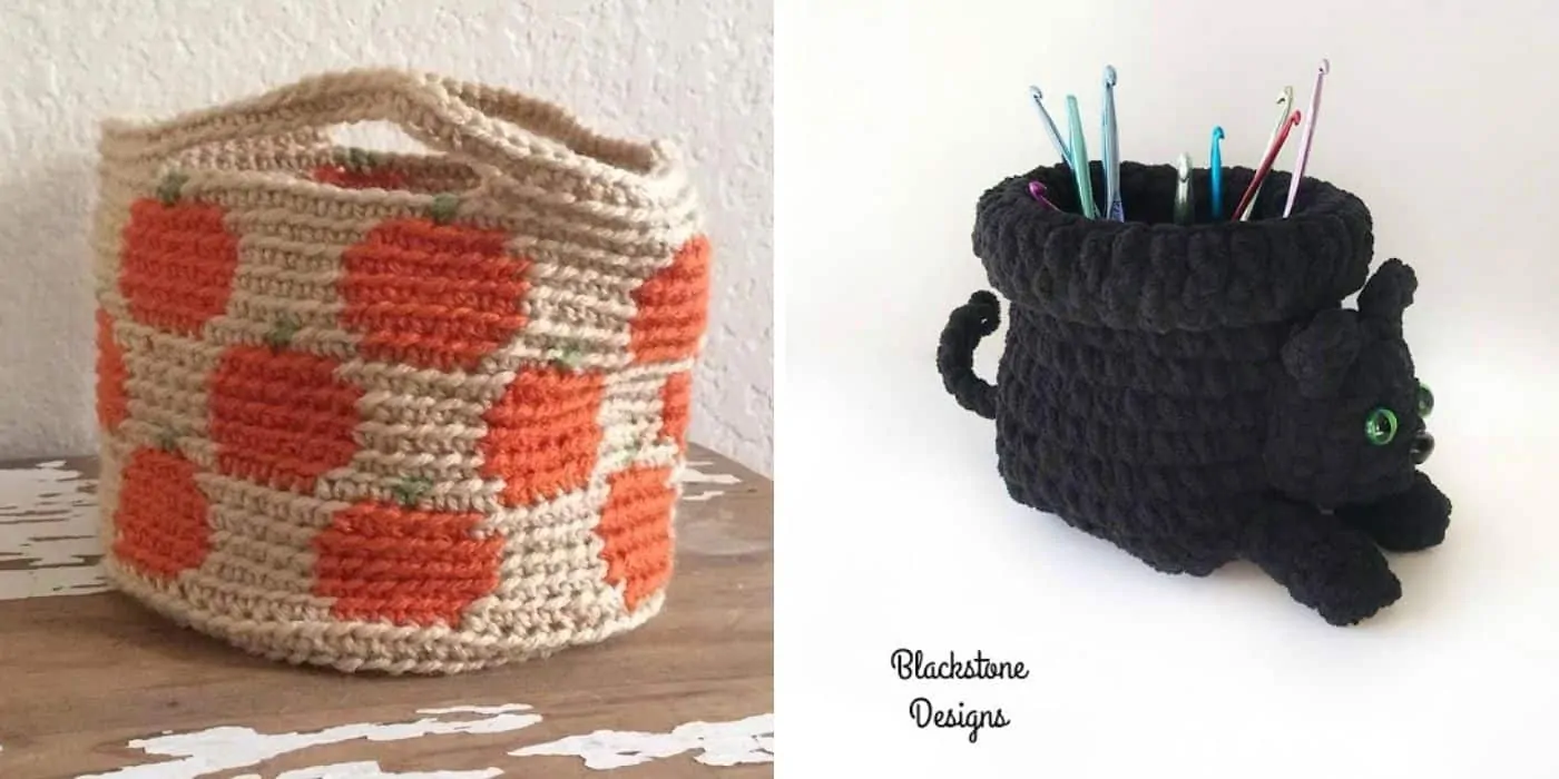 pumpkin crochet basket and a cat crochet basket