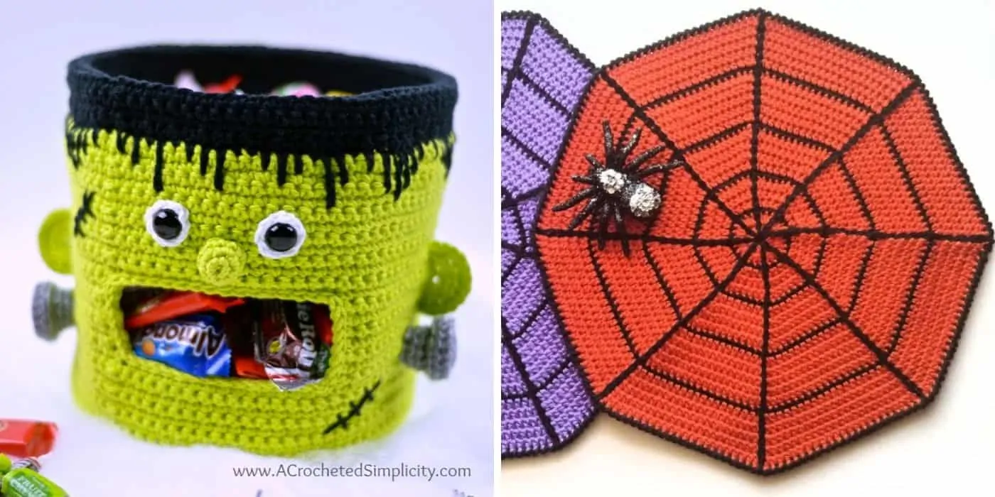 crochet monster candy bucket and spiderweb place mats
