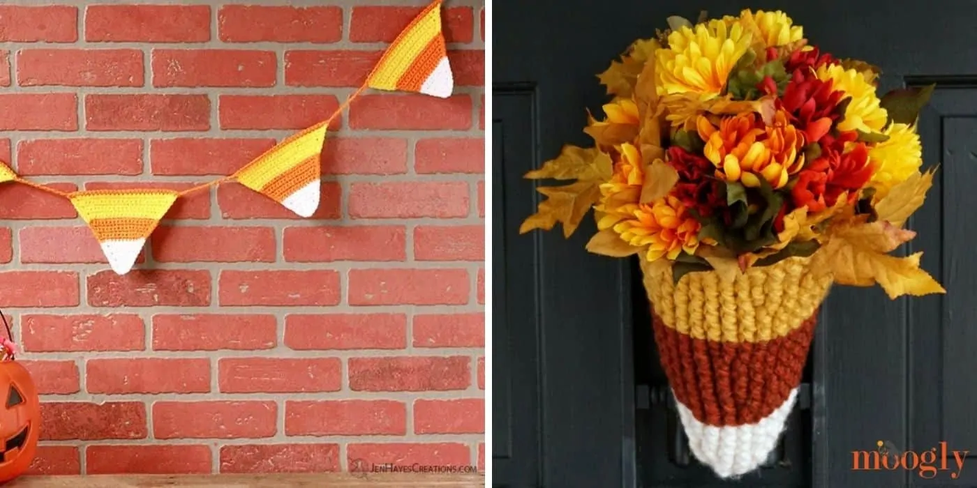 crochet candy corn bunting and candy corn door basket