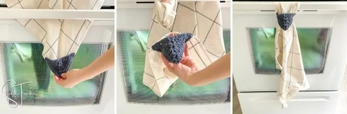 3 images showing step to hang the modern towel topper