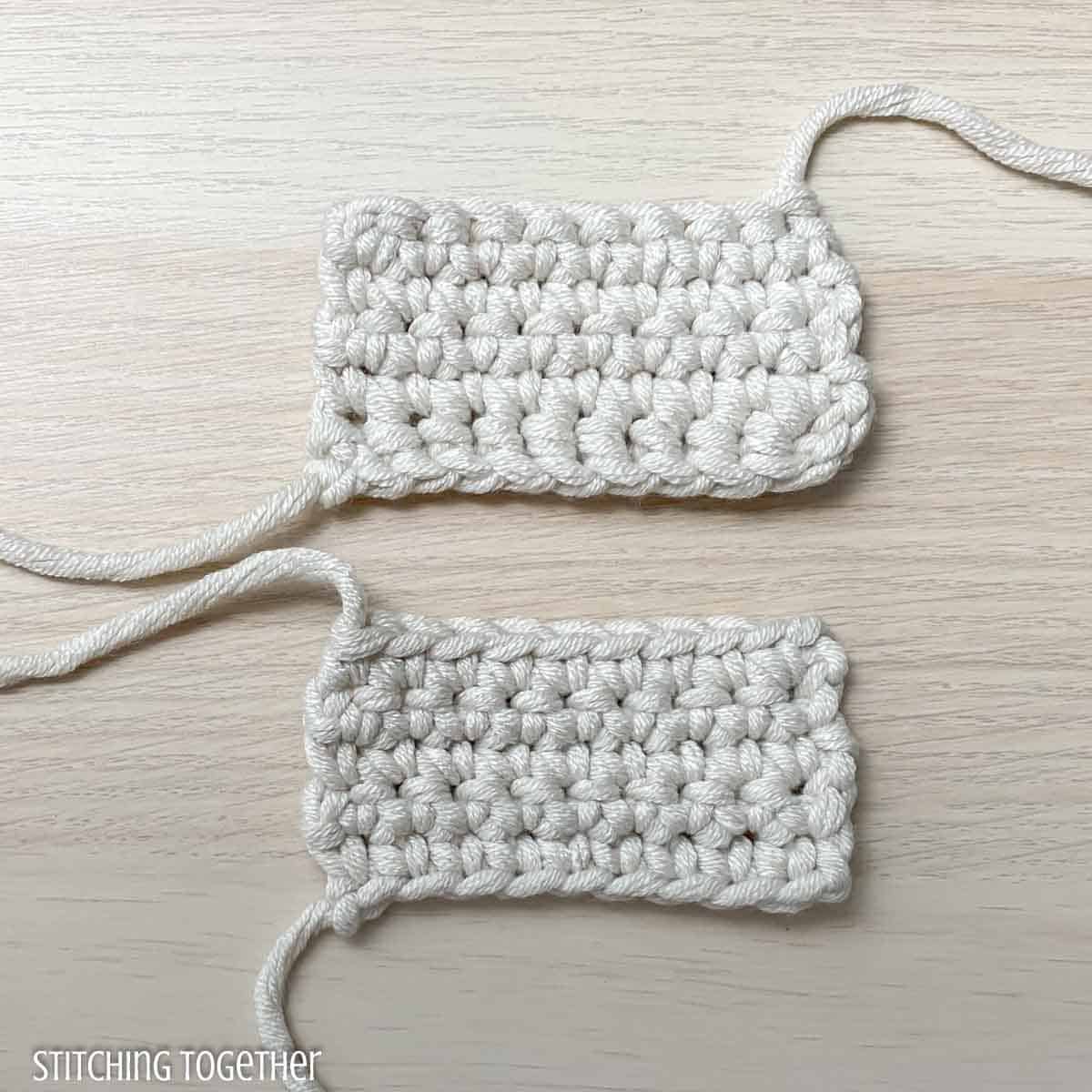 two single crochet swatches in cream yarn