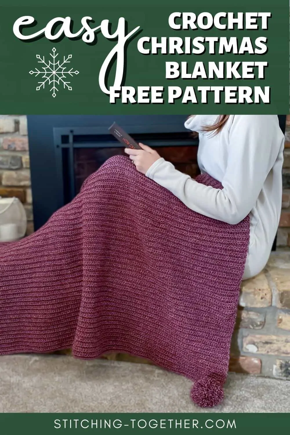pin image of a christmas crochet throw on a lady